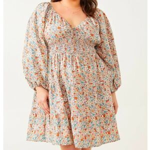 Arula Claire Ivory multi floral puff sleeve smocked waist tiered dress 1X 14/16